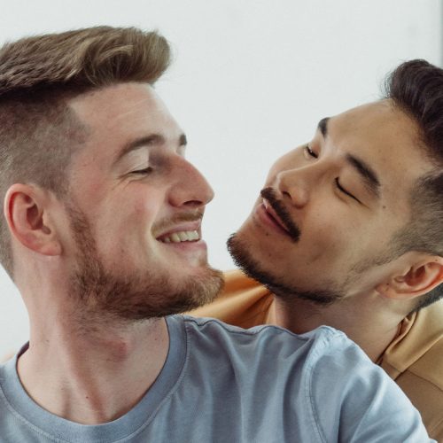 Two men in a relationship smiling and looking at each other. The man on the left is white with blonde hair and beard and is wearing a pale blue t-shirt. The man on the right is East Asian with black hair and beard, wearing a pale yellow t-shirt.