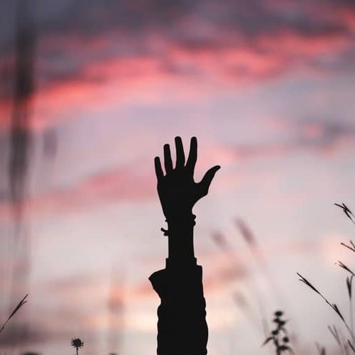 Person raising their hand in front of a purple and pink sunset